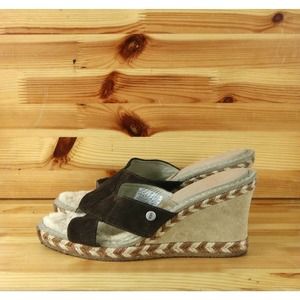 UGG Women's Suede Wedge Sandals Fur lined Brown Size 8 Shoes Slip Ons 1689
